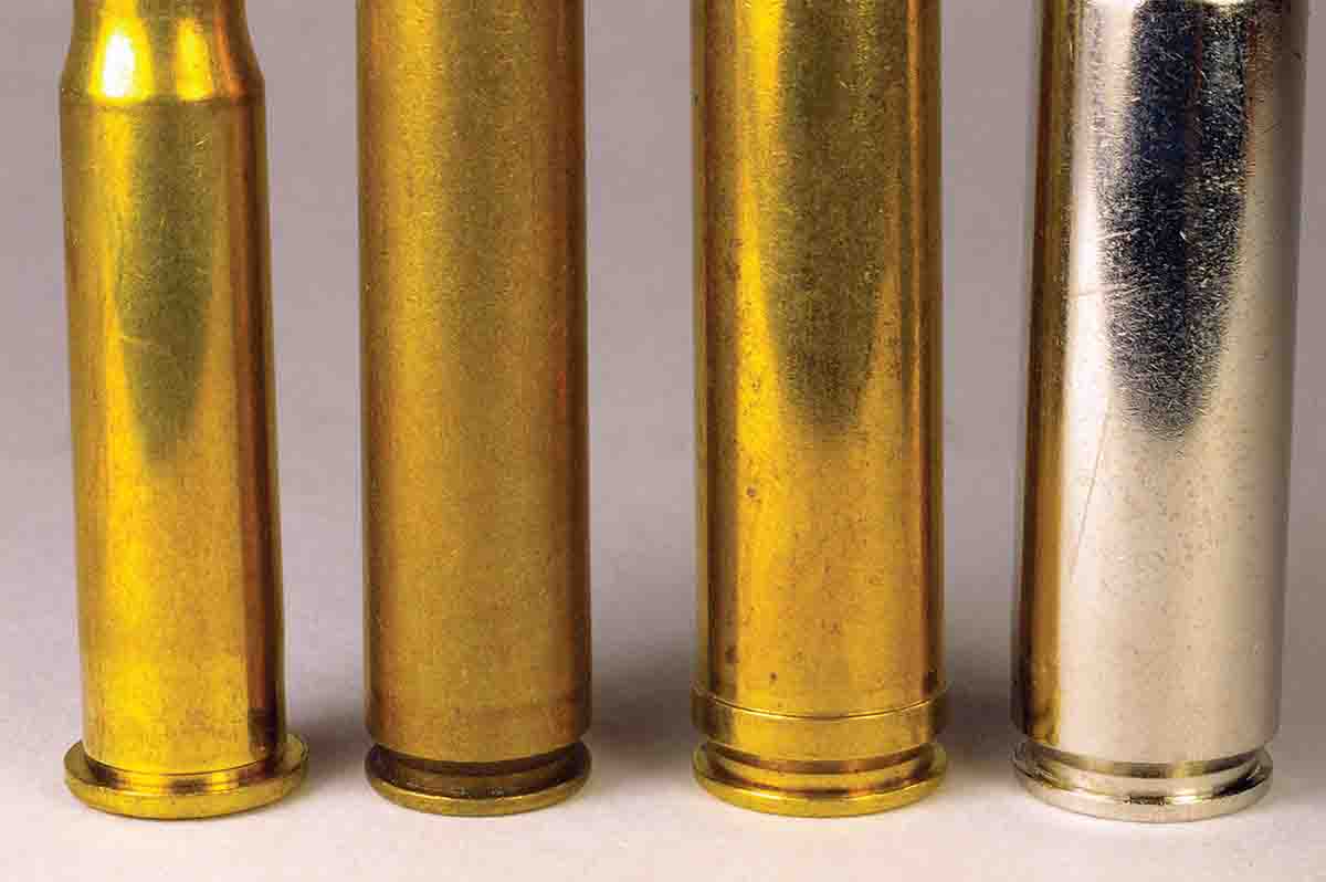 These four cases are classified by their heads, including (left to right): a rimmed .30-30, rimless .30-06, belted 7mm Remington Magnum and a rebated .300 WSM.